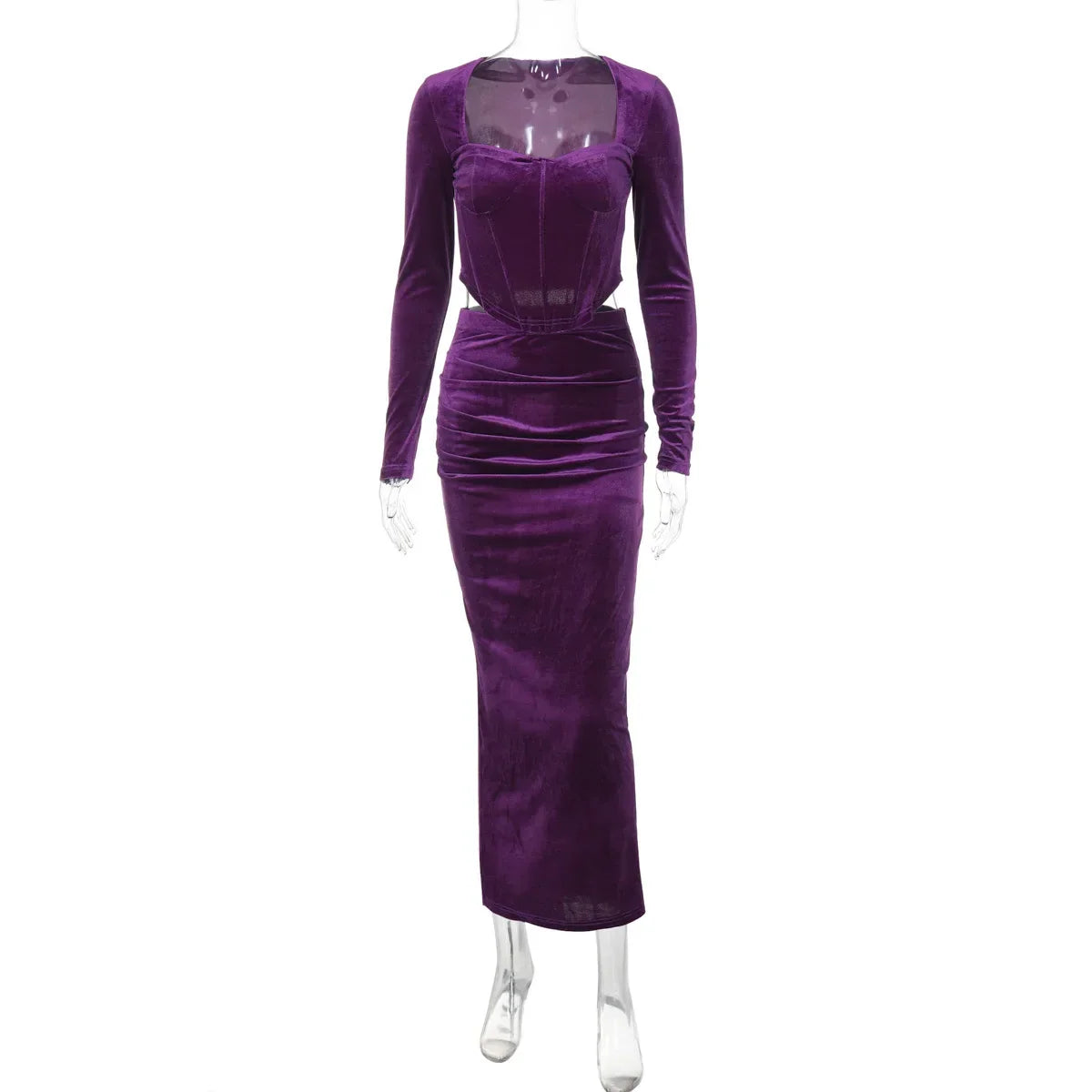 סט שני חלקים קטיפה חולצה וחצאית מקסי צמודה - מירנדה