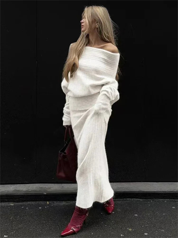 סט סריג שני חלקים חולצת כתפיים חשופות וחצאית מקסי - אילונה